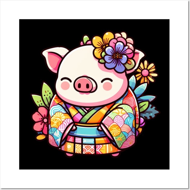 Japanese pig Otaku Floral Wall Art by Japanese Fever